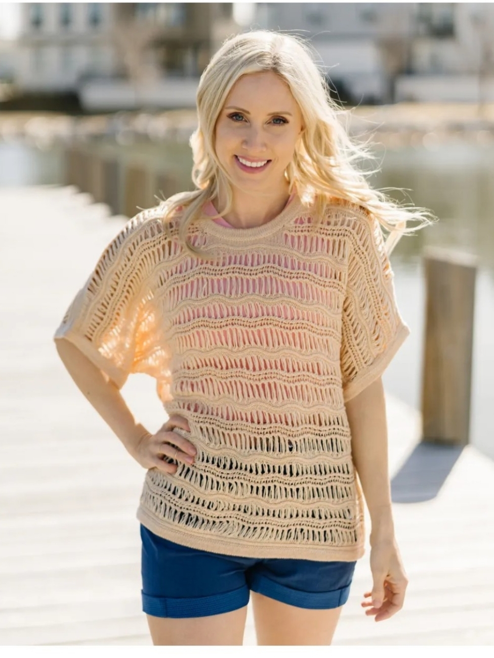 Ivory Hilton Head Crochet Open-Knit Short Sleeve Top Sweater Zyia Layered Look - Picture 4 of 6